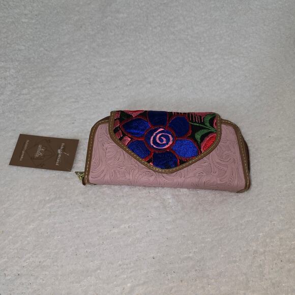 Handmade Mexican Pink Embossed Leather Wallet with Floral Embroidery - Picture 1 of 5